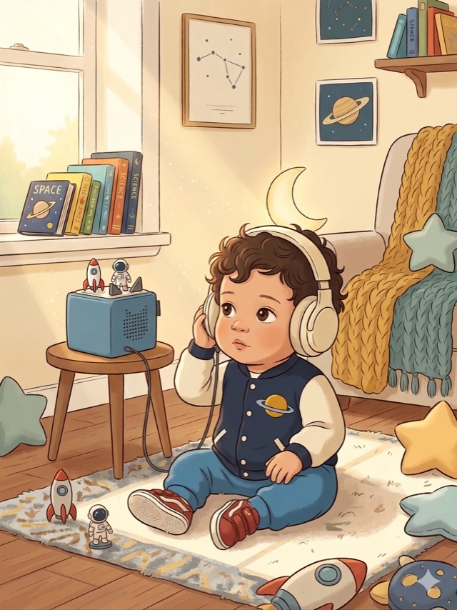 Ein Kind hört einer Kreativ-Tonie-Geschichte zu in einem gemütlichen Kinderzimmer