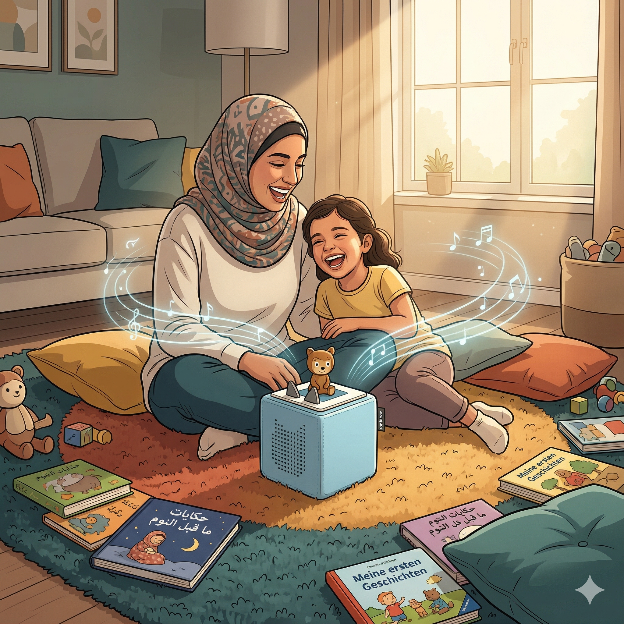 Mutter und Tochter hören gemeinsam eine Toniebox-Geschichte in ihrer Muttersprache